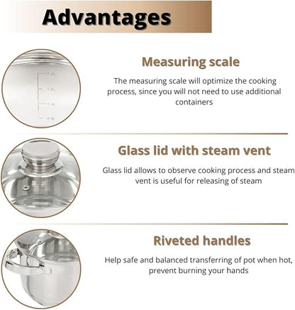 Daniks Standard Stainless Steel Stock Pot with Glass Lid – Induction 4 Quart, Dishwasher Safe, Measuring Scale, For Soup, Pasta, Stew, Silver