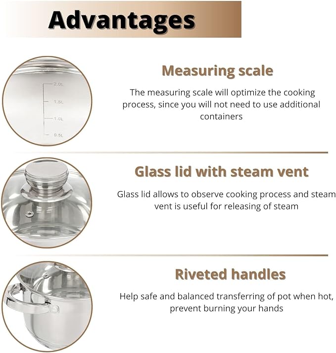 Daniks Standard Stainless Steel Stock Pot with Glass Lid – Induction 2 Quart, Dishwasher Safe, Measuring Scale, For Soup, Pasta, Stew, Silver