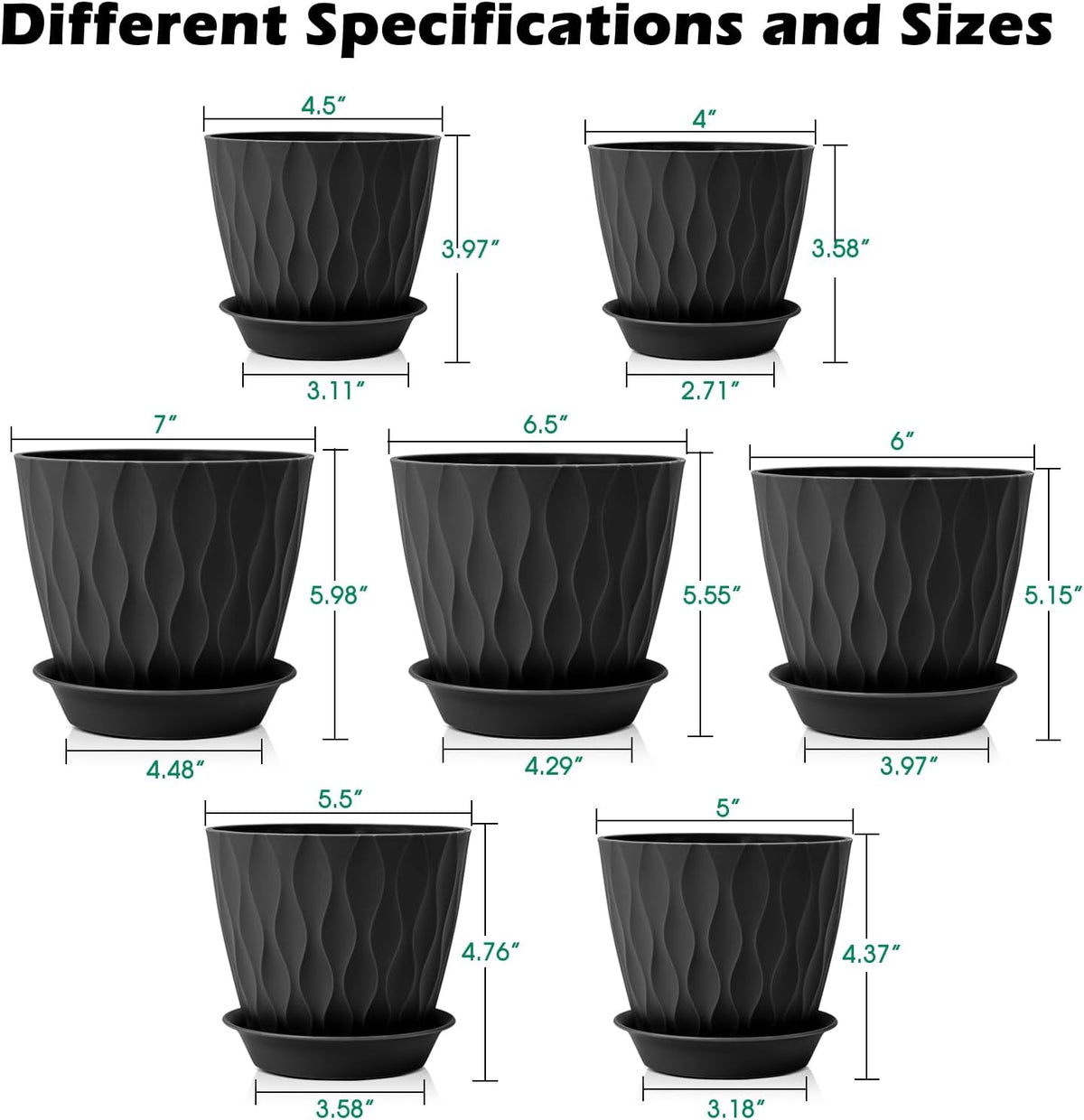 GARDIFE 7/6.5/6/5.5/5/4.5/4 inch Plant Pots, 7 Pack Flower Pots Indoor Outdoor, Planters with Drainage Holes and Tray Saucers (Black)