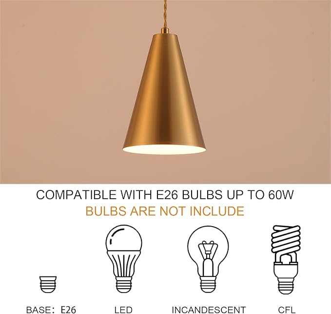 Brass Pendant Lights Kitchen Island,Gold Dining Room Light Fixtures Over Table with Cone Metal Shade, Modern Vintage Mini Chandeliers,Adjustable Cord Hanging Lighting for Bar,Sink.(1 Pack)