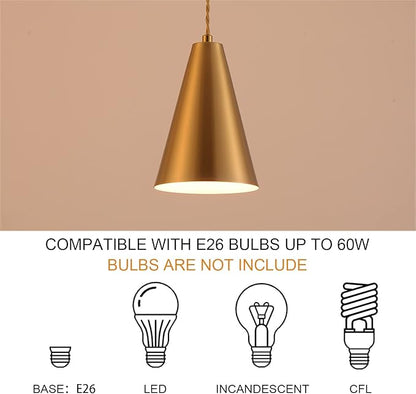 Brass Pendant Lights Kitchen Island,Gold Dining Room Light Fixtures Over Table with Cone Metal Shade, Modern Vintage Mini Chandeliers,Adjustable Cord Hanging Lighting for Bar,Sink.(1 Pack)