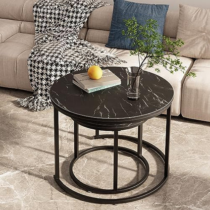 aboxoo Round Nesting Coffee Table Side Set of 2 End Tables for Living Room Bedroom Balcony,Black Faux Marble Wooden Table 23.6IN Accent Large Coffee Table with Steel Frame