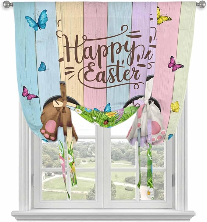 Tie Up Curtains,Happy Easter Rabbit Butt Egg on Daisy Leaf Adjustable Rod Pocket Window Shade Curtain Drape Bufferfly on Wood Barn Tie-Up Valance for Kitchen Bedroom Living Room Windows,46"x63"