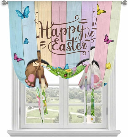 Tie Up Curtains,Happy Easter Rabbit Butt Egg on Daisy Leaf Adjustable Rod Pocket Window Shade Curtain Drape Bufferfly on Wood Barn Tie-Up Valance for Kitchen Bedroom Living Room Windows,42"x63"
