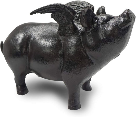 NACH Cast Iron Pig Statue - Black Door Stopper & Paperweight, 9x4x6 inch, JS-90-7131