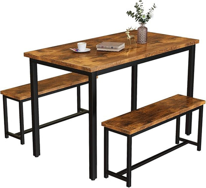 Recaceik Dining Table Set with Bench, 3 Pieces Dining Furniture Set Kitchen Table Set Sturdy Structure Space-Saving Dinette for Kitchen, Dining Room Breakfast Nook, Living Room, Rustic Brown