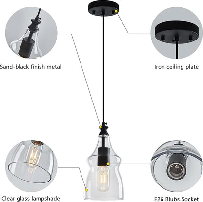 Modern Glass Pendant Lights Kitchen Island Black Pendant Light with 5.11 in Clear Glass Shade Kitchen Pendant Lighting Over Island Bedroom Dining Room (1 Pack)