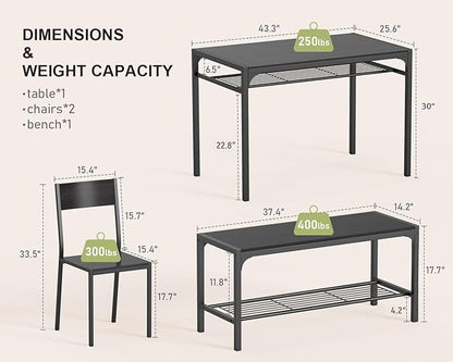 Gizoon Kitchen Table and 2 Chairs for 4 with Bench, 4 Piece Dining Table Set for Small Space, Apartment