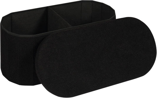 30" Oval Foldable Ottoman with Storage, Teddy Boucle Fabric Footrest, Storage Bench for Living Room, Bedroom, Entryway, Dorm, Black