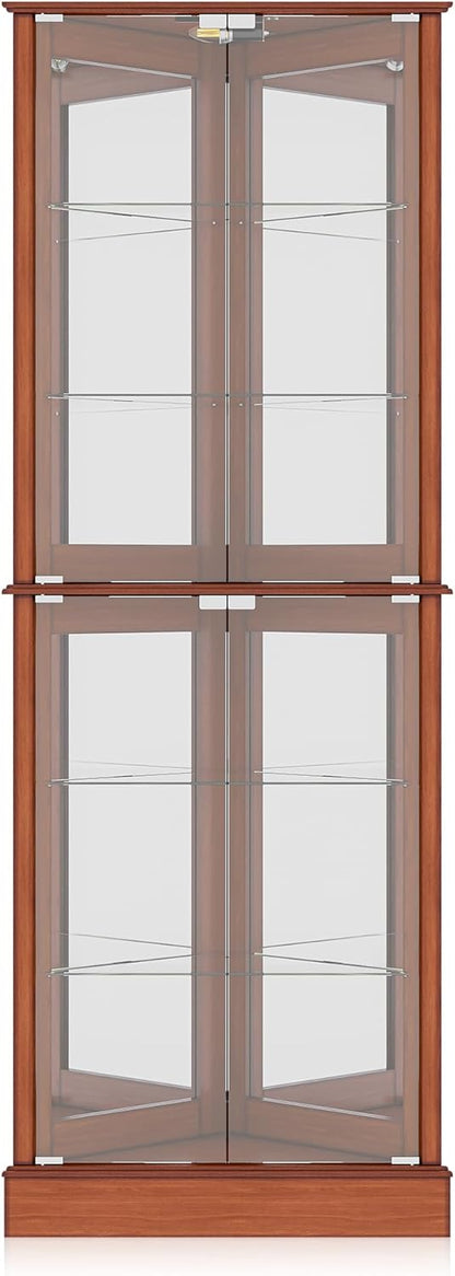 BELLEZE Lighted Corner Display Curio Cabinet Wooden Shelving Unit with Tempered Glass Door, Bar and Liquor Storage Area with 6 Shelves - Woody (Oak)