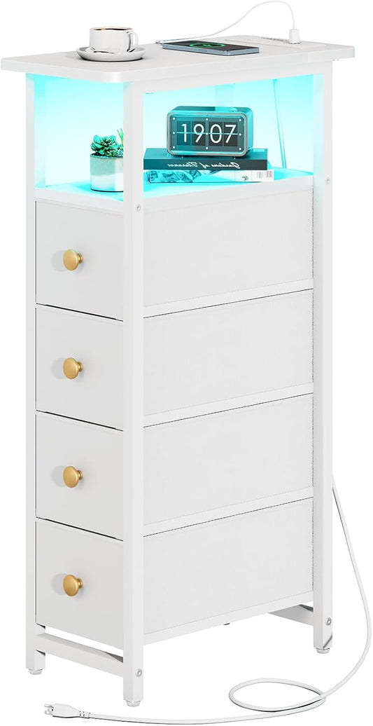 Yoobure LED Narrow Nightstand with Charging Station - Slim Dresser for Bedroom Narrow Side Table Storage Cabinet, Small Dressers Chest of Drawers, Tall Night Stand End Table for Small Spaces, White