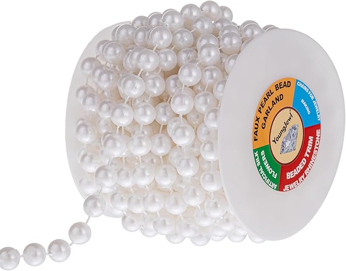 10mm Pearl Strands,9 Yds of White Fake Beads Garland Spool Roll with String Pearls for Crafting,Wedding Party,Christmas Tree Decoration.