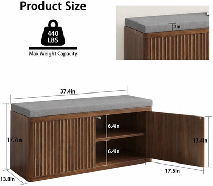 Entryway Shoe Storage Bench with 2" Cushion, 37.4" Small Bench with Shoe Rack, Cabinet Organizer for Hallway, Bedroom End of Bed (Walnut)