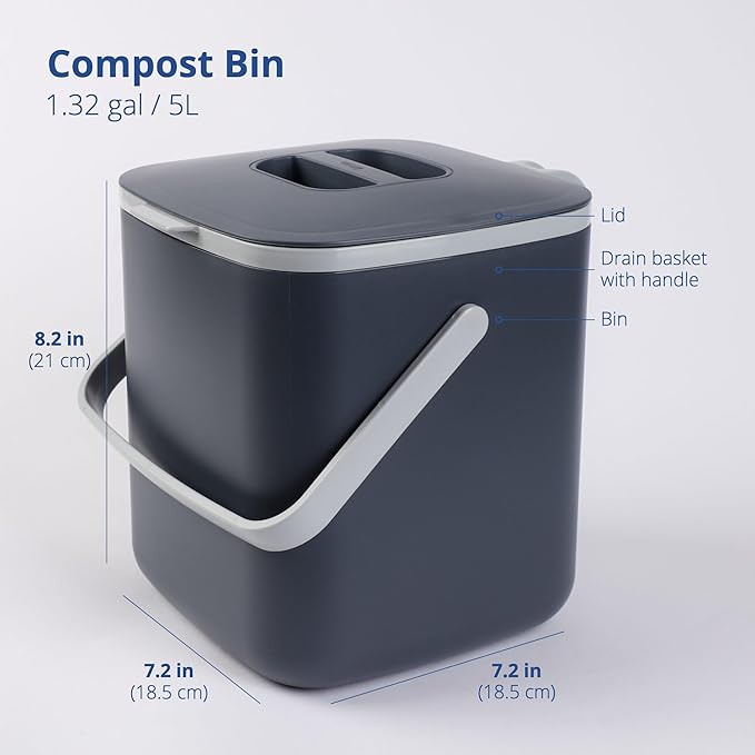 Blue Ginkgo Kitchen Compost Bin [5L / 1.32 GAL] – Filter-Free, Odor-Tight Countertop Food Waste Pail with Handles (Made in Korea, Gray)