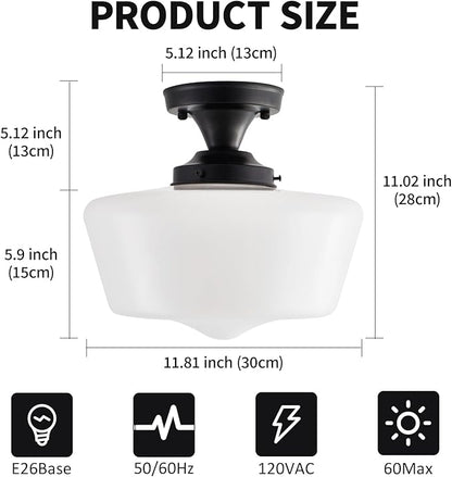 Black Schoolhouse Light Fixture, 12" Milk Glass Flush Mount Ceiling Light, Black Semi Flush Mount Ceiling Light for Farmhouse Kitchen Hallway Entryway