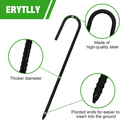 ERYTLLY 12In Rebar Stakes J Hook Heavy Duty Galvanized Metal Stakes for Ground Barrel Soil Tent Swing Set Anchors Fence Stakes Curved Steel Plant Support Garden Stakes with Hooks（12in 16pk）