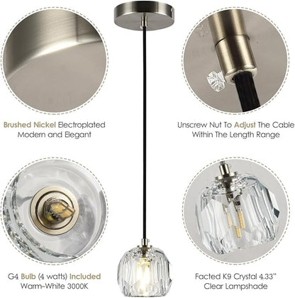 Brushed Nickel Pendant Light, Small Island Pendant Light Fixture for Kitchen, Modern Prism Crystal Single Pendant Hanging Light for Dining Room Bar