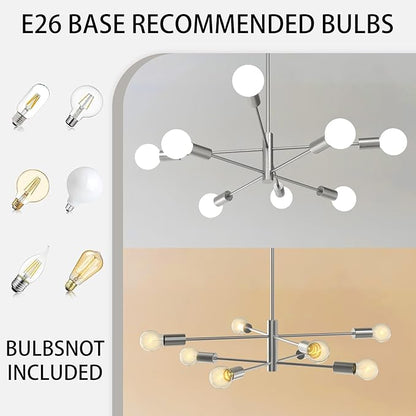 Modern Chandelier, 53 InchH Sputnik Ceiling Light Dining Room Light Fixtures Over Table Height Adjustable Mid Century Hanging Light E26 Pendant Lighting for Bedroom Kitchen Foyer 8-Light Silver