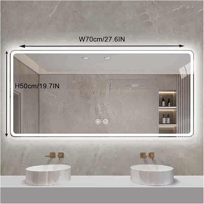 Smart Illuminated LED Bathroom Mirror，Bathroom Mirror with LED Lights，Energy-Saving LED Smart Mirrors，LED Mirror for Bathroom，with Demister Pad and Smart Touch Switch(H50*W70cm/H19.7*W27.6IN)