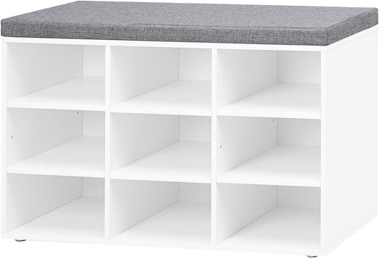 DINZI LVJ Shoe Storage Bench with Cushion, Cubby Shoe Rack with 9 Cubbies, Adjustable Shelves, Multifunctional Shoe Organizer Bench for Entryway, Mudroom, Hallway, Closet and Garage, White