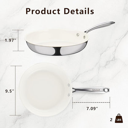 9.5" Tri-Ply Stainless Steel Frying Pan, Nonstick Ceramic Pan, Skillet with Stay-Cool Handle, Non Toxic, PFAS PFOA PTFE Free, Dishwasher & Oven Safe, Induction, Compatible with All Cooktops