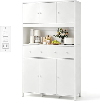 Garvee 71" H Pantry Cabinet with Charging Station, Tall Kitchen Pantry Storage Cabinet with Countertop, Modern Kitchen Hutch with Storage Drawers for Living Room, Dining Room, White