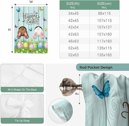 Tie Up Curtains,Happy Easter Bunny Butt Egg Floral Adjustable Rod Pocket Window Shade Curtain Drape Spring Plant on Aqua Wood Tie-Up Valance for Kitchen Bedroom Living Room Windows,34"x45"