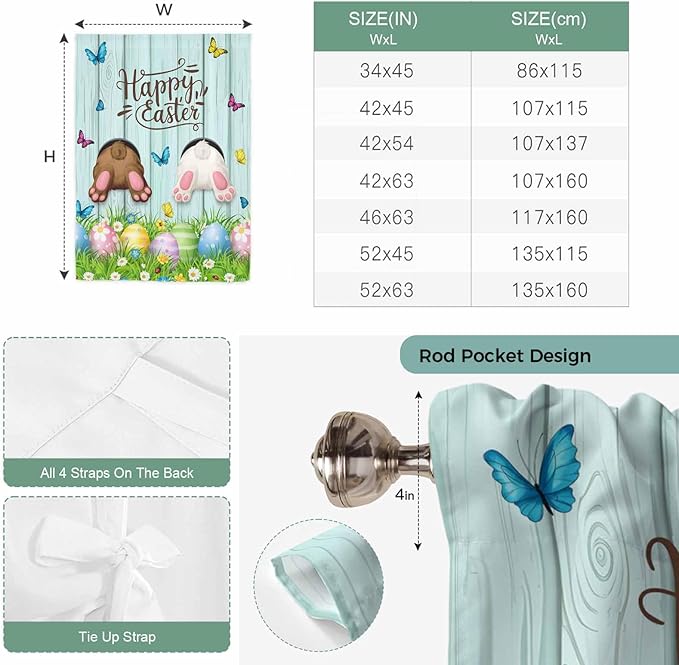 Tie Up Curtains,Happy Easter Bunny Butt Egg Floral Adjustable Rod Pocket Window Shade Curtain Drape Spring Plant on Aqua Wood Tie-Up Valance for Kitchen Bedroom Living Room Windows,42"x54"
