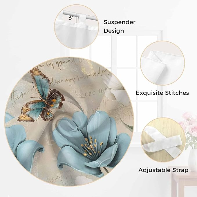 Spring Flowers Bedroom Curtains 63 Inch Length, Window Curtains Tab Top, Vintage Rustic Tulips Floral Butterfly Khaki Light Filtering Window Treatments Drapes 42"x63" 2 Panel