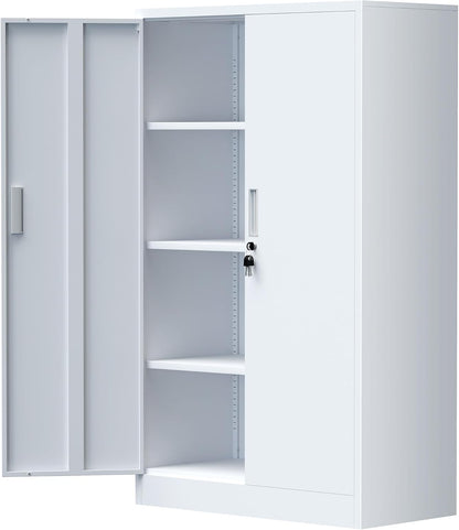 iJINGUR Metal Storage Cabinet with Locking Doors and Adjustable Shelves, 53.5-Inch Tall Lockable Storage Cabinets for Home Office Garage Kitchen Pantry (White)