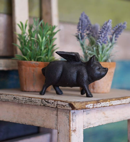 NACH Cast Iron Flying Pig Garden Statue - Black Door Stopper, Rustic Decor Sculpture, Paperweight, Outdoor Statue - 5.5x3.5x3.9 Inch, JS-92-040