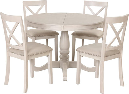 Extendable Dining Table Set for 4, 5 Piece Kitchen Table and Chairs Set, 4 X-Back Solid Wood Dining ChairSet, Industrial Oval Round Dining Table for Small Space, Apartment, French Country White