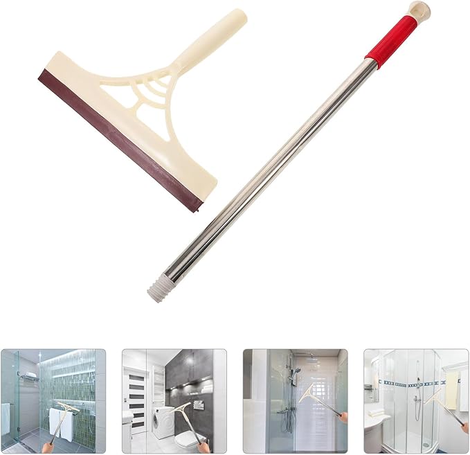 Multifunction Floor and Window Squeegee Broom with Long Handle, Dry and Wet Glass Cleaner Scraper for Shower, Tile, Car Windows, Khaki
