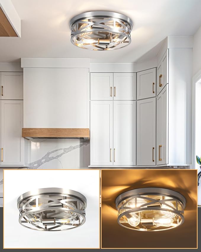 13 Inch Close to Ceiling Lights, 2 Pack Brushed Nickle Flush Mount Ceiling Light Fixture, Modern 4-Light Metal Cage Indoor Kitchen Ceiling Lights for House Hallway Bedroom Living Room