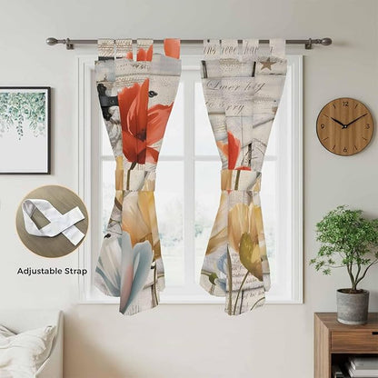 Retro Floral Bedroom Curtains 72 Inch Length, Window Curtains Tab Top, Red Yellow Tulips Barm Doors Farmhouse Wooden Light Filtering Window Treatments Drapes 52"x72" 2 Panel