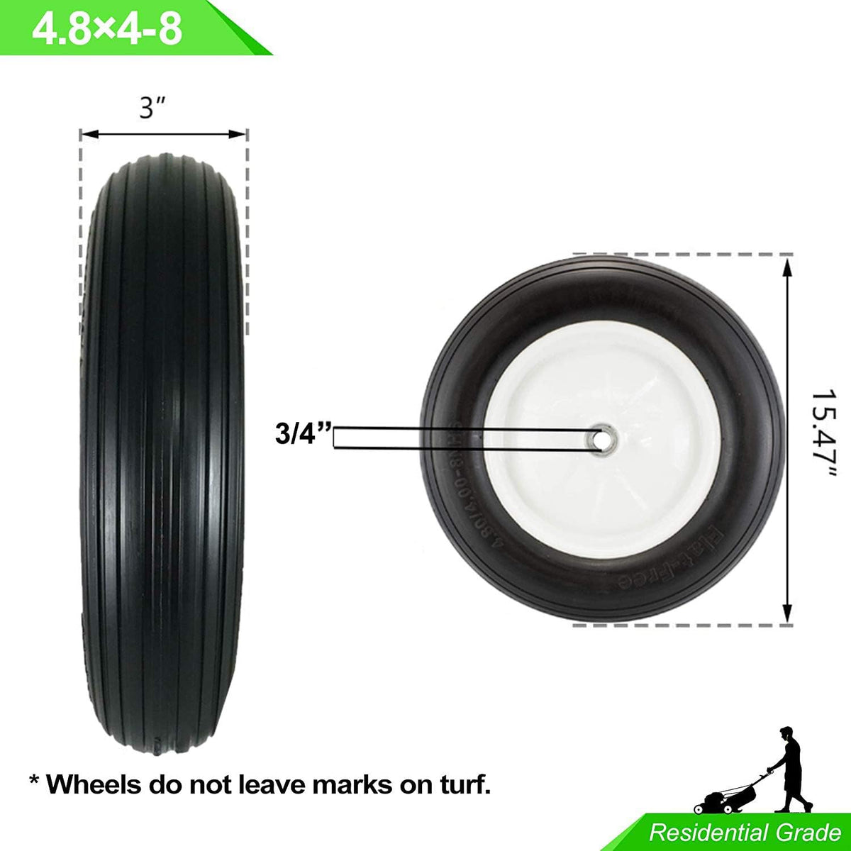 Set of 2 Wheelbarrow Tire 4.80/4.00-8 Flat-Free with 3/4 & 5/8 Wheel Bearing, 3-6" Hub 16" Solid Rubber Wheel Barrel Tires Non-Slip for Yard Cart Garden Wagon (Black)