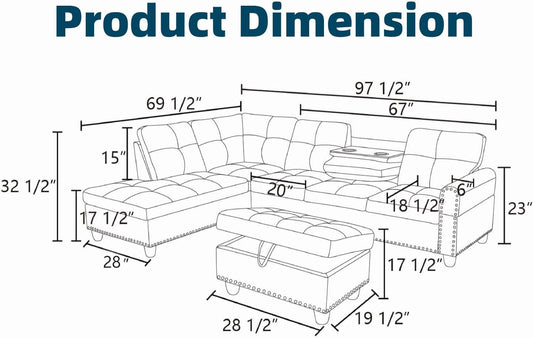 Leather L-Shaped Couch Set, 97.5"L x 69.5"W Sectional Sofas Black | Synthetic PU Leather, Stain-Resistant, 4 Seat Modular Couches with Storage Ottoman& Chaise,Apartment/Office/Living Room