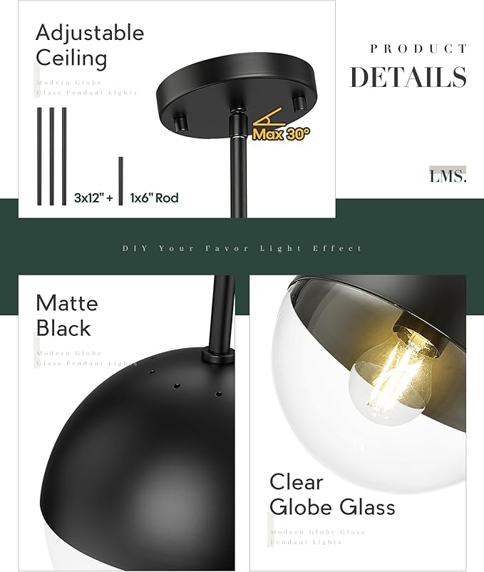 LMS Modern Pendant Lights, Matte Black Kitchen Island Pendant Light Fixtures, Adjustable Hanging Rod Ceiling Light for Dining Room Bathroom Bedroom, LMS-186BKC