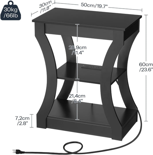 MAHANCRIS Black End Table with Charging Station, Skinny Side Table with USB Ports and Outlets, Nightstand, 3 Tier Bedside Table with Storage Shelf for Living Room, Bedroom, Small Space, ETBK53E01