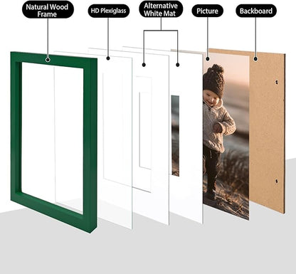 KINLINK 8x10 Picture Frame Green, Solid Wood Frames with Acrylic Plexiglass for Pictures 4x6/5x7 with Mat or 8x10 without Mat, Tabletop and Wall Display Photo Frame, Set of 4