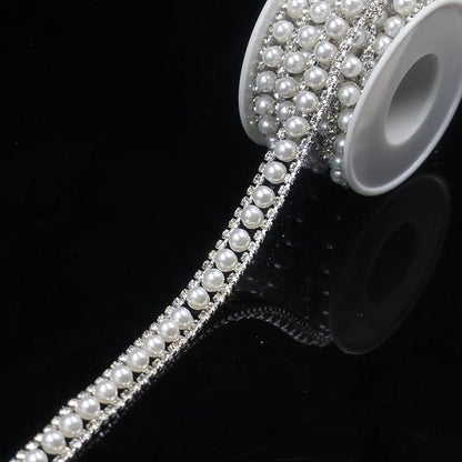 PEARLY JUN 1 Yard Pearl Rhinestone Trim Chain Silver Crystal Fringe Diamond Applique Ribbon String Tassel Strip (Silver-150, 2 Yards)