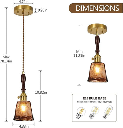 Brown Glass Vintage Pendant Light 4.33" Handmade Glass Pendant Lights Kitchen Island Gold Hanging Light Fixture for Bedroom Dining Room Hotel (2 Pack)