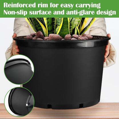 10 Gallon Plastic Nursery Pots, 16 Inch Round Plant Pots with Drainage Holes, 5 Pack Large Garden Flower Pots for Outdoor Indoor Plants, Gardening Gifts for Women, Black
