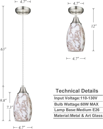 Mini Pendant Lights Kitchen Island Brown Ripple Glass Lamp Shade Hand Blown Glass Pendant Light with Brush Nickel Finish Adjustable Cord for Kitchen Over Sink Hallway,Dining Room,Stairs Way