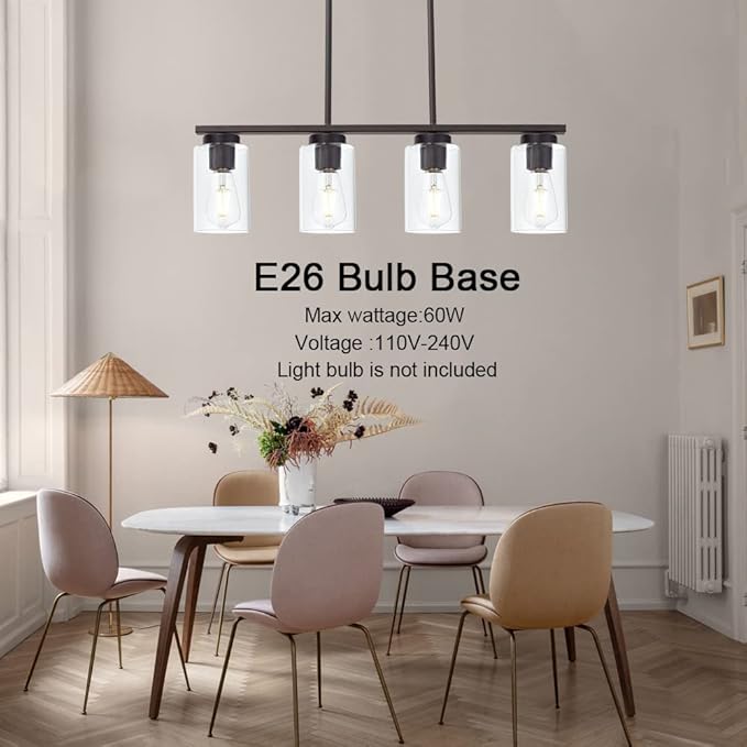 Farmhouse Dining Room Chandelier 4-Lights Kitchen Island Light, Clear Glass Pendant Lighting Fixtures in Oil Rubbed Bronze
