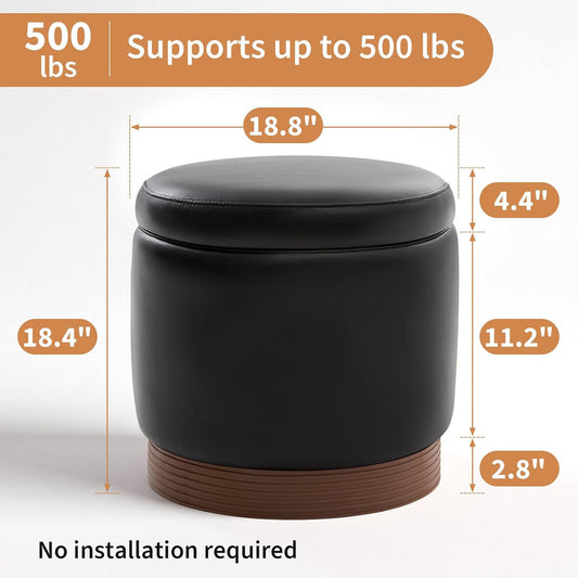 19" Round Swivel Storage Ottoman with Tray Top, Upholstered Faux Leather Foot Stool with Solid Acacia Wood Base 500 lbs Modern Accent Footrest for Living Room & Bedroom Fully Assembled Black
