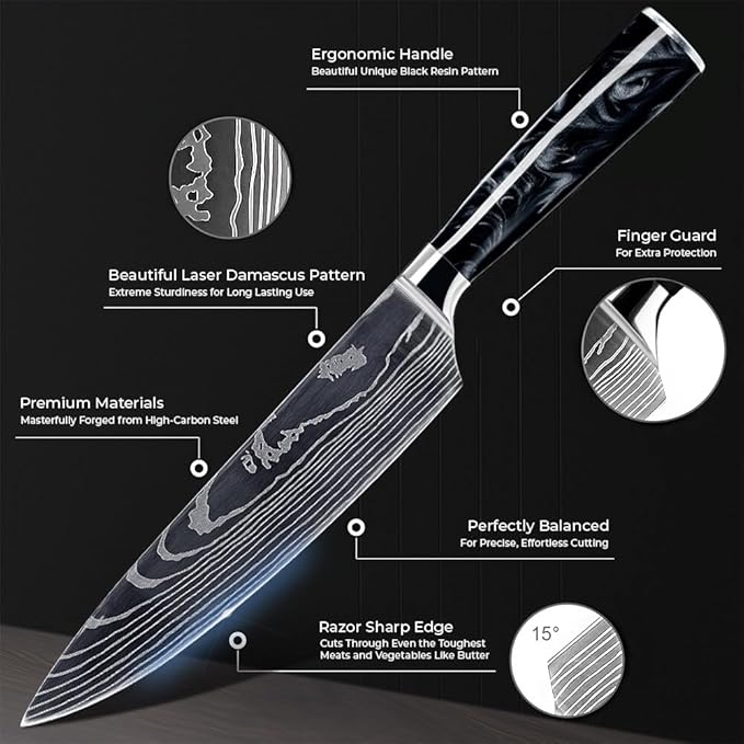 SENKEN 8-Piece Japanese Knife Set with Black Resin Handle and Laser Damascus Pattern - Onyx Collection - Chef's Knife, Santoku Knife, Bread Knife, Paring Knife, & More