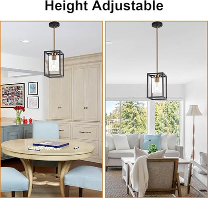 VINLUZ 1-Light Mini Lantern Pendant Light,Black and Brushed Brass Finish Farmhouse Chandelier with Clear Glass Shade Foyer Cage Hanging Ceiling Lighting for Kitchen Island Dining Room Entryway