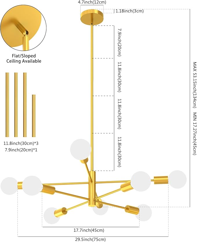 Modern Chandelier Ceiling Light Fixture, 53InchH Sputnik Chandeliers for Dining Room Hanging Light Fixtures Over Table Height Adjustable for Bedroom Kitchen Island Foyer 8-Light Gold