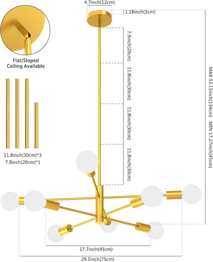 Modern Chandelier Ceiling Light Fixture, 53InchH Sputnik Chandeliers for Dining Room Hanging Light Fixtures Over Table Height Adjustable for Bedroom Kitchen Island Foyer 8-Light Gold